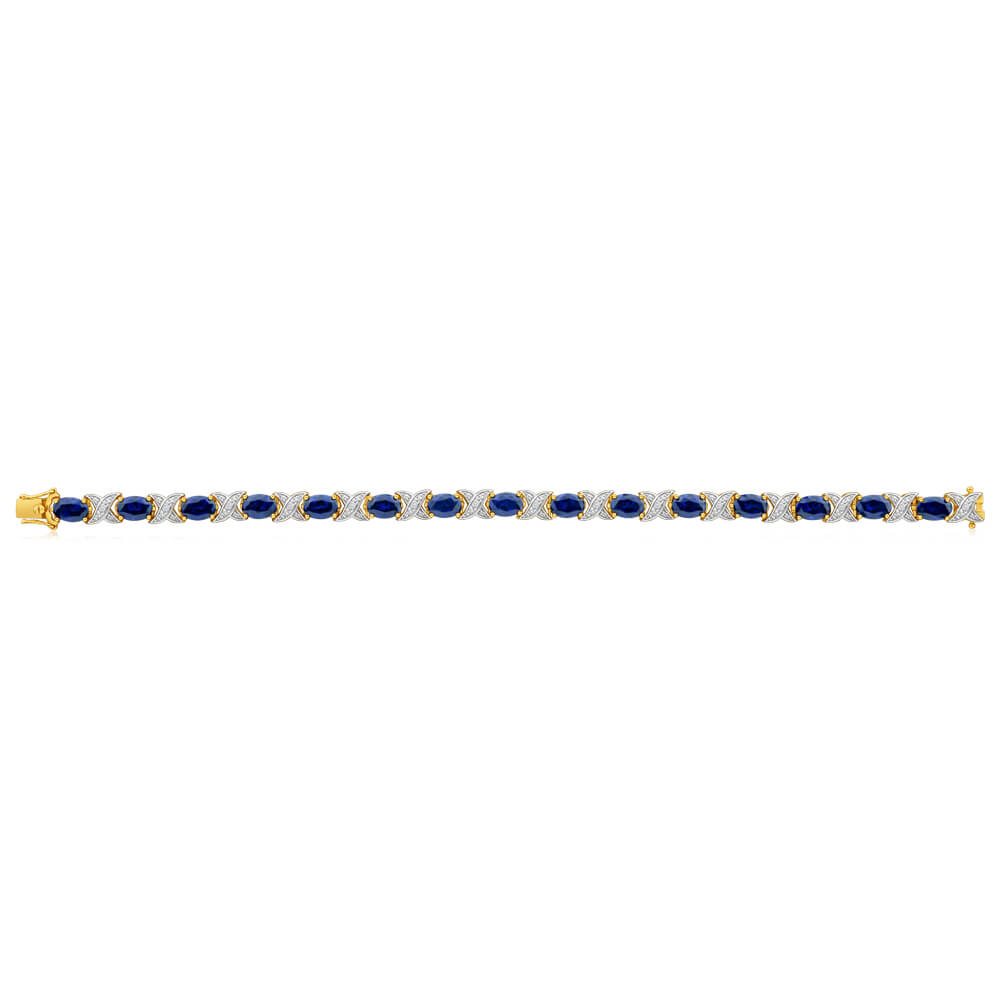 19cm 9ct Yellow Gold Crossover Bracelet with 7x5mm Oval Cut Lab-Created Sapphires and Diamonds