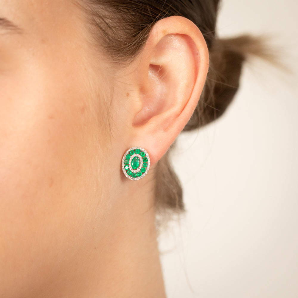 Stylish 9ct White Gold Fancy Earrings with Emeralds and Diamonds