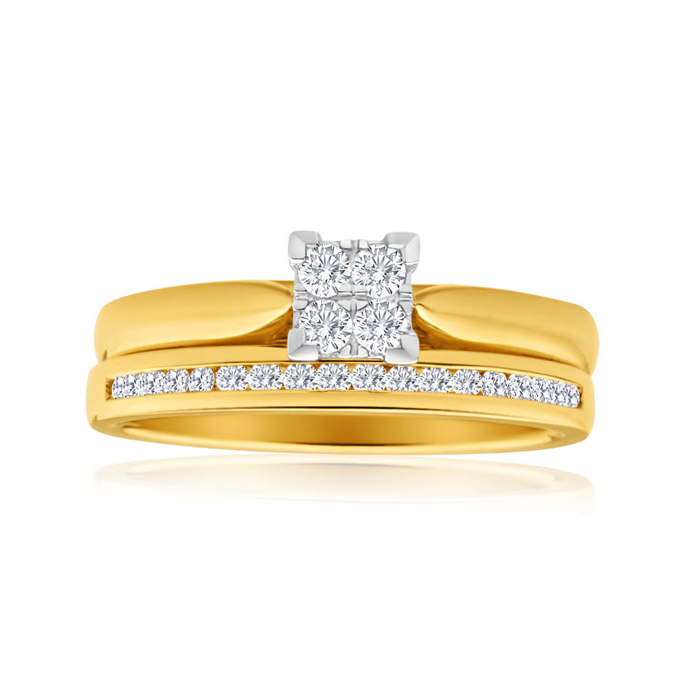Exquisite 9 Carat Yellow Gold Two - Ring Bridal Jewelry Set Adorned with 22 Sparkling Diamonds Totaling 0.25 Carats