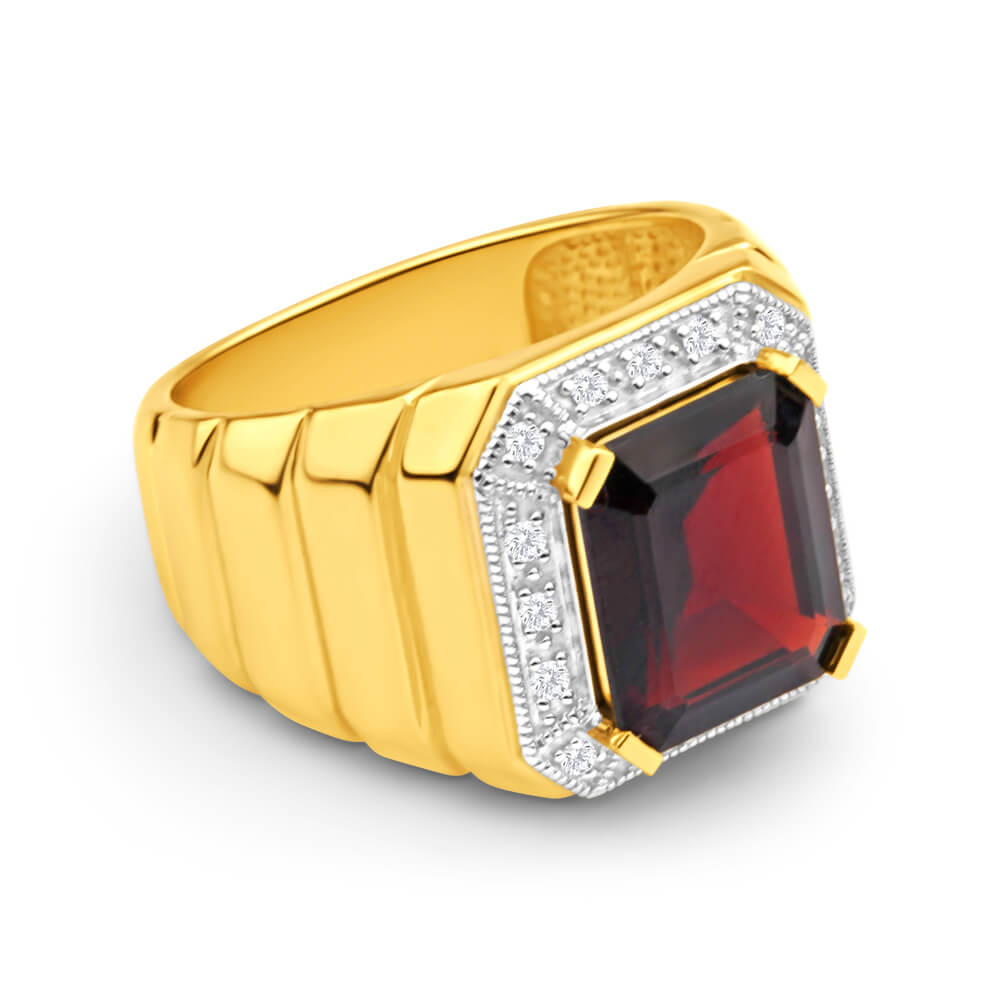 9 Carat Yellow Gold Men's Ring with 12x10mm Emerald Cut Garnet and Diamond Halo