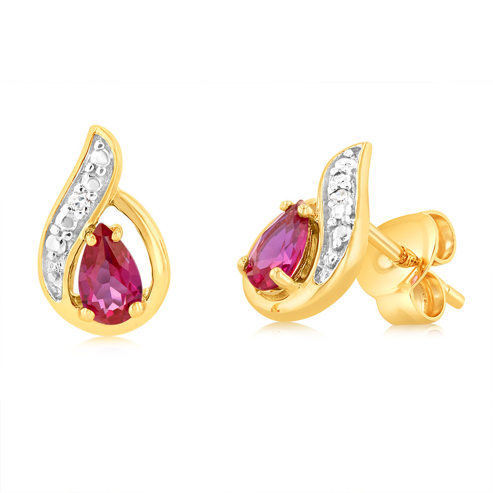 Gorgeous 9ct Yellow Gold Stud Earrings with 3x5mm Created Rubies
