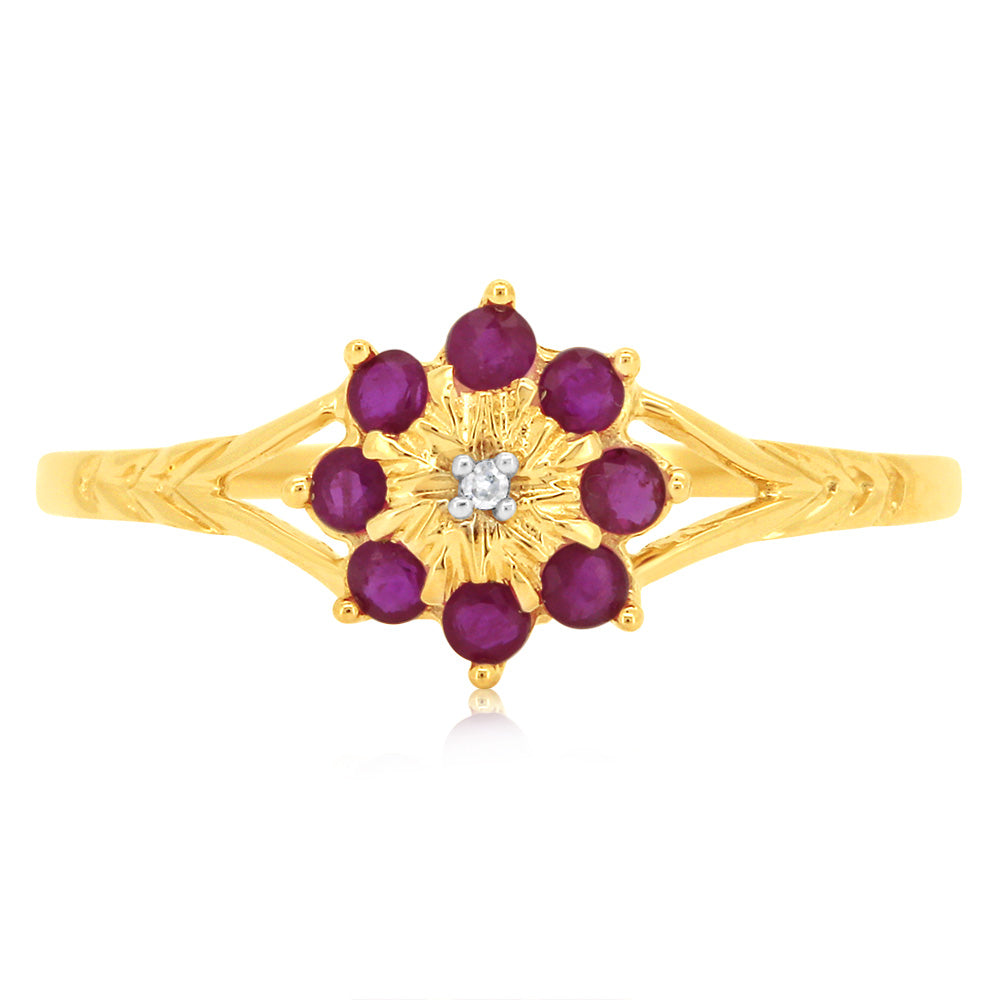 Stunning 9ct Yellow Gold Ring Featuring 0.5 Carat Natural Ruby and Sparkling Diamonds