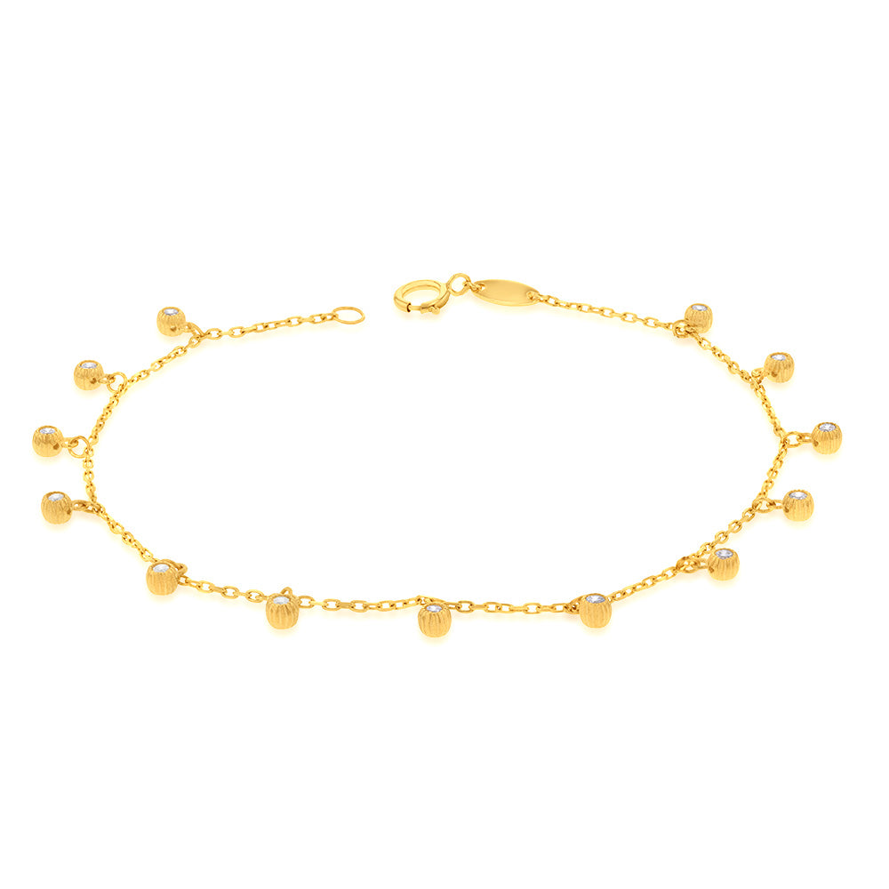 17.8cm 9 Carat Yellow Gold Bracelet with Hanging Cubic Zirconia Charms