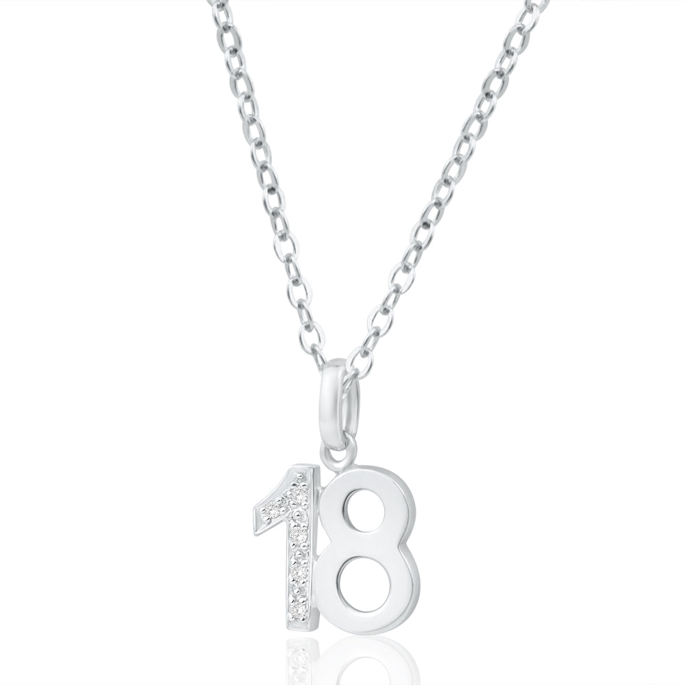 Exquisite 9ct White Gold Pendant Featuring '18' Design with 5 Diamonds