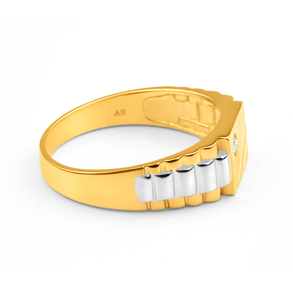 9ct Yellow and White Gold Fashionable Grooved Ring Embellished with Cubic Zirconia
