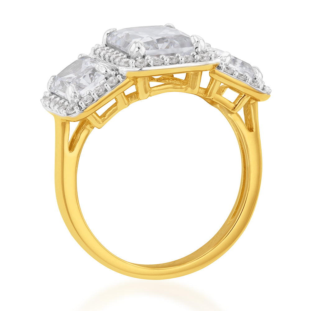 9-carat Yellow Gold Emerald Cut Cubic Zirconia Trilogy Engagement Ring