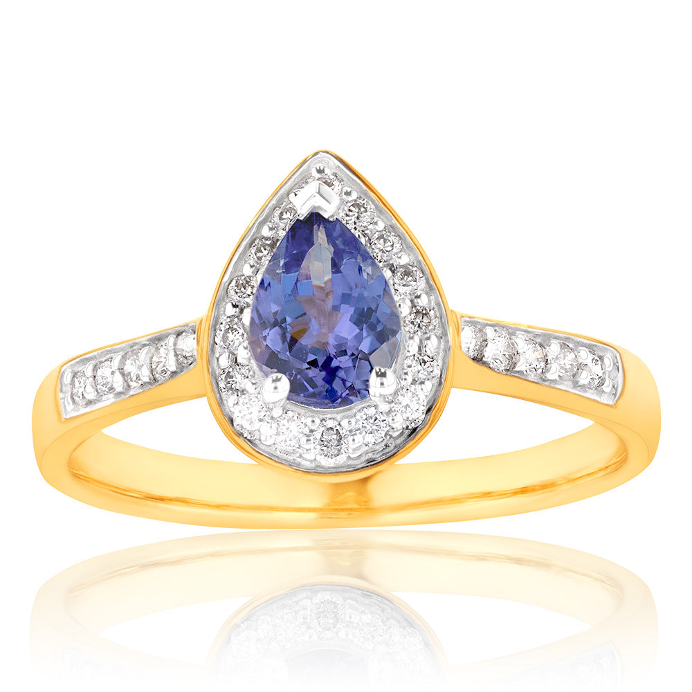 0.75ct Tanzanite and 0.20 Carat Diamond Ring in 9ct Yellow Gold