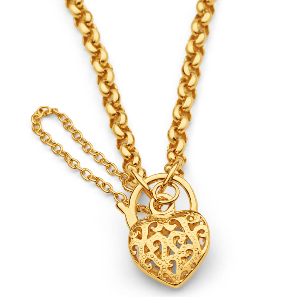 9ct Yellow Gold Copper Filled Heart - Shaped Padlock Belcher Bracelet for Romantic Gifts