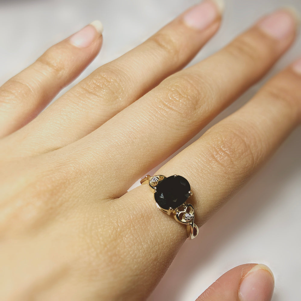 Stunning 9ct Yellow Gold Ring with Natural Black Sapphire and Two Diamonds
