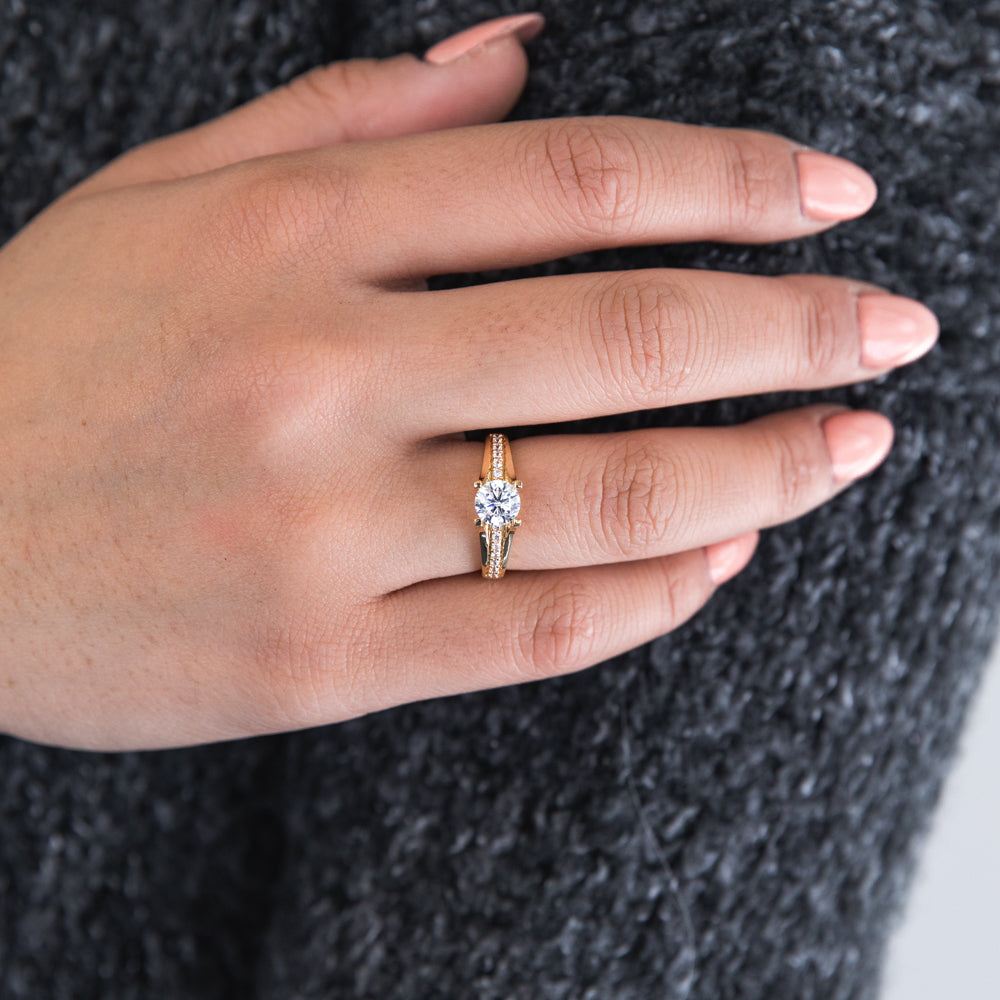 9 Carat Yellow Gold Round Cubic Zirconia Ring with 4 Claw and Channel Setting - A Stunning Jewelry Piece