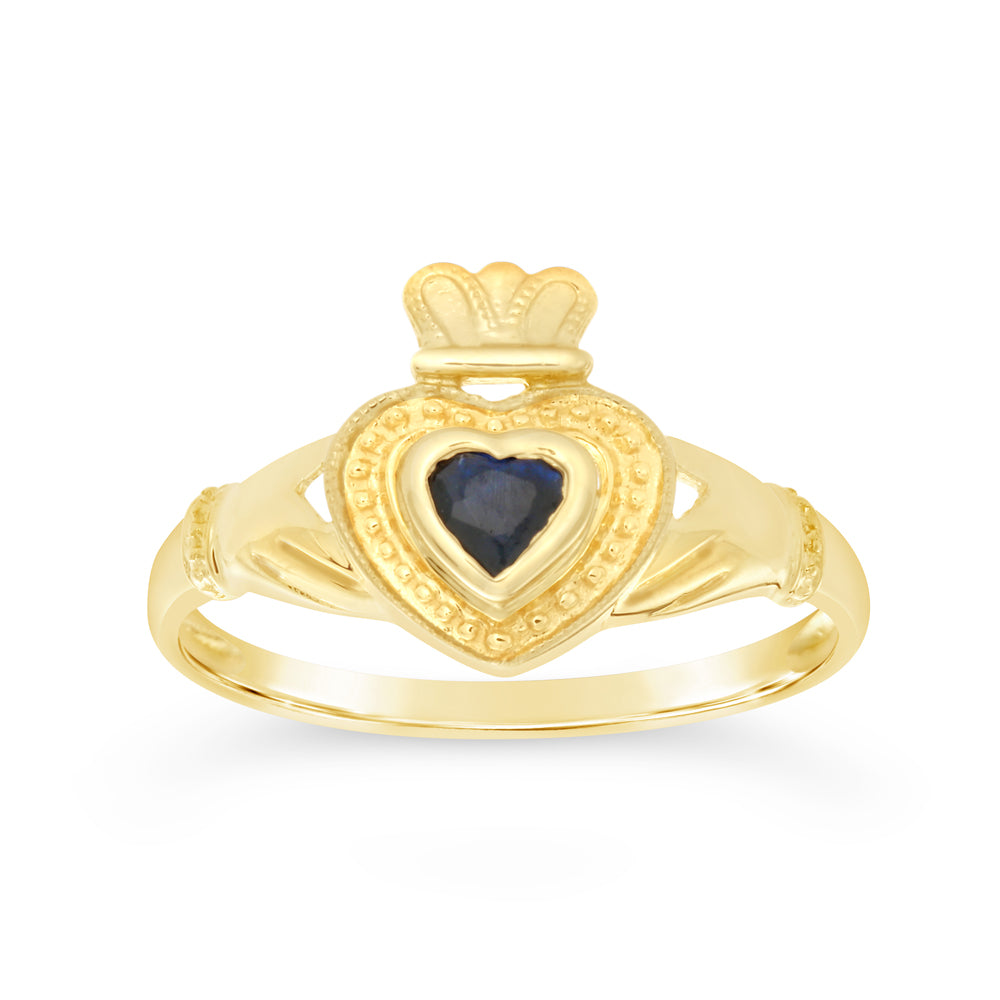 Exquisite 9ct Yellow Gold Claddagh Ring with Natural Sapphires