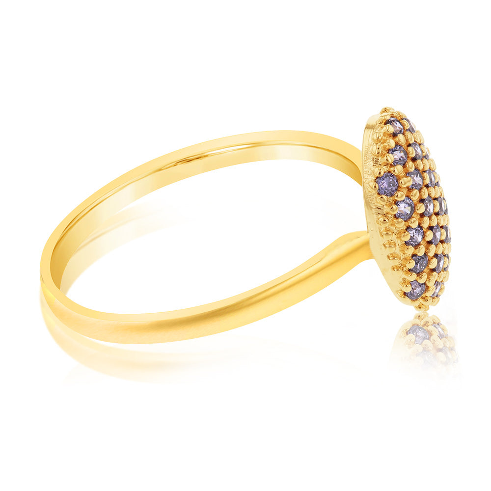 9 Carat Yellow Gold Oval Pave Engagement Ring with 11X8mm Purple Cubic Zirconia Stones