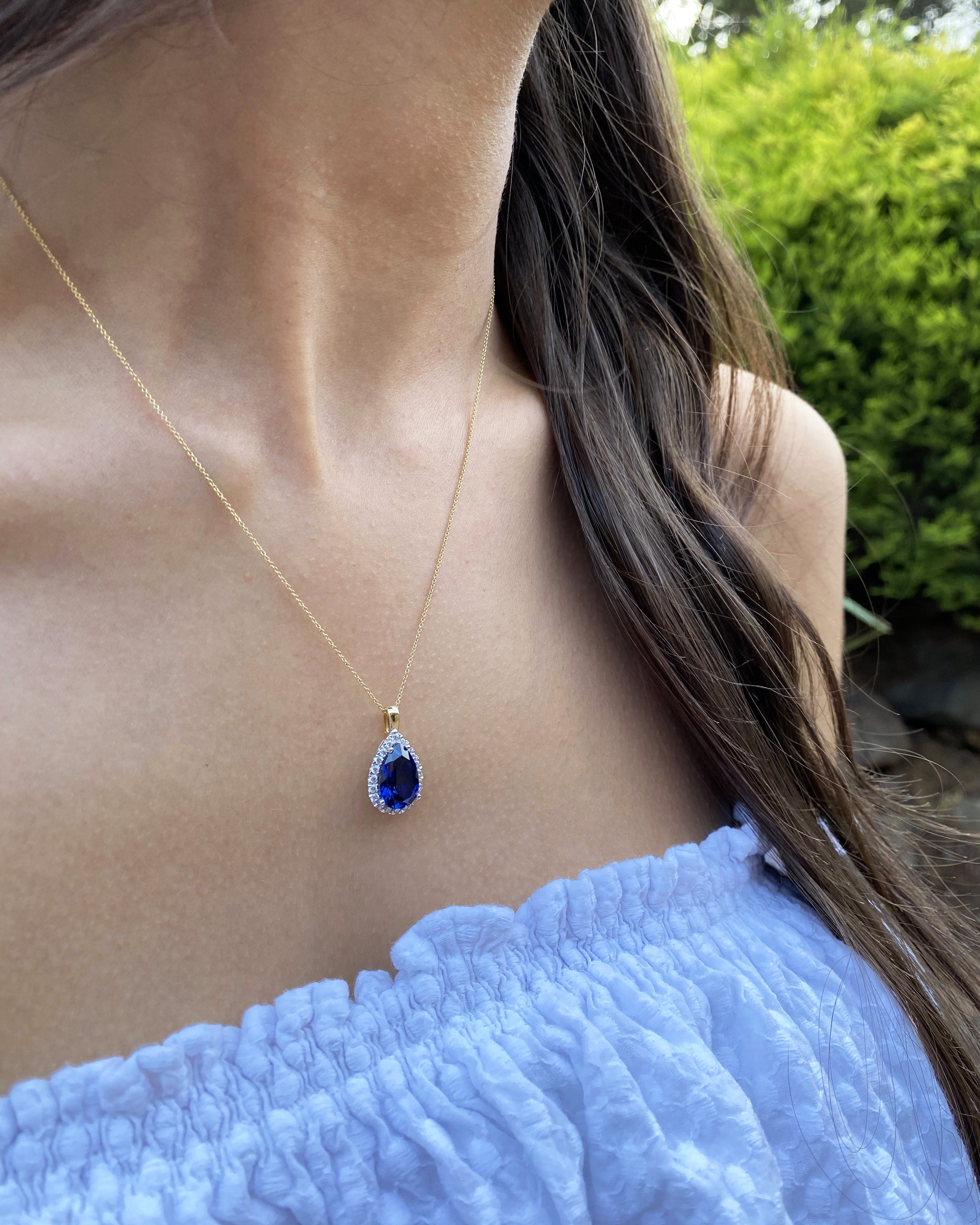 9ct Yellow Gold Pendant with Created Sapphires and Cubic Zirconias
