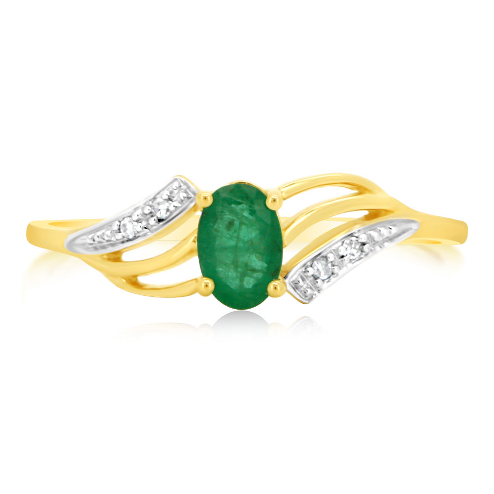 Stunning 9ct Yellow Gold Ring with 0.55 Carat Natural Emerald and Diamonds