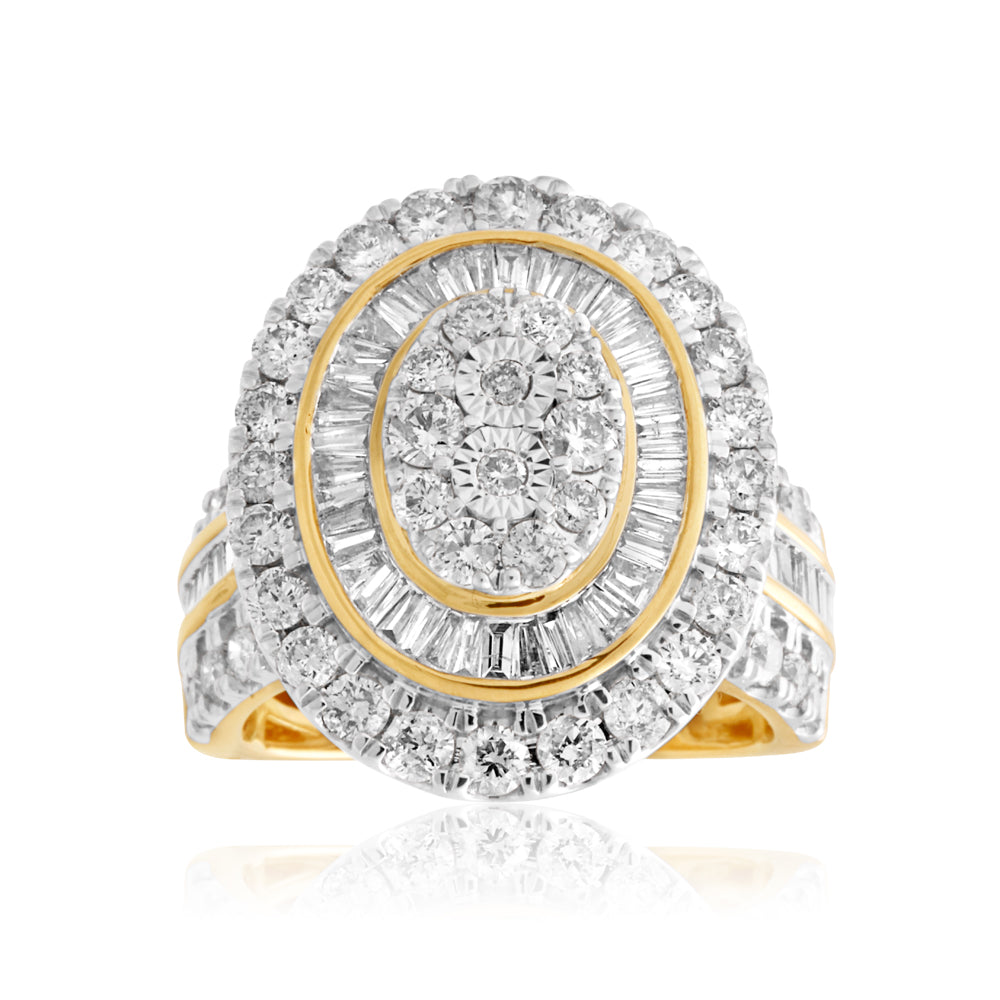 Stunning 9ct Yellow Gold 3-Carat Oval Cluster Diamond Ring with Brilliant & Baguette Stones