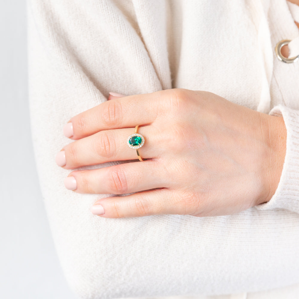 Stunning 9ct Yellow Gold Ring with Created Oval Emerald and Diamond Halo