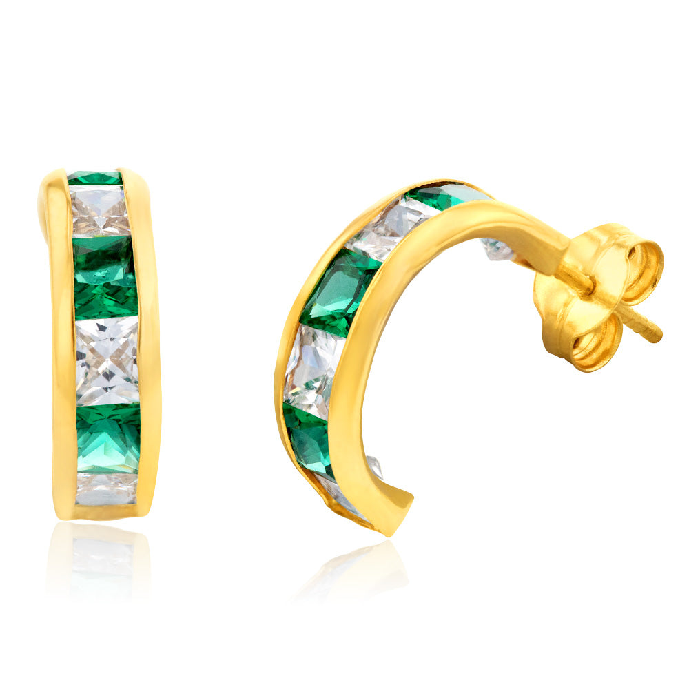 Stylish 9ct Yellow Gold Earrings with Green and White Zirconia Half Hoop Design