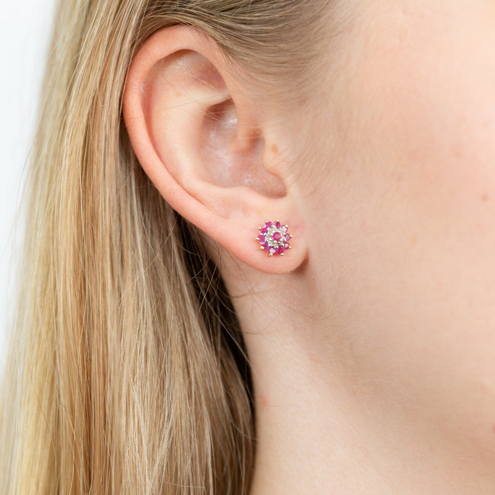 Stunning 9 Carat Yellow Gold Stud Earrings Featuring Natural Rubies and Diamonds in a Beautiful Flower Cluster Design