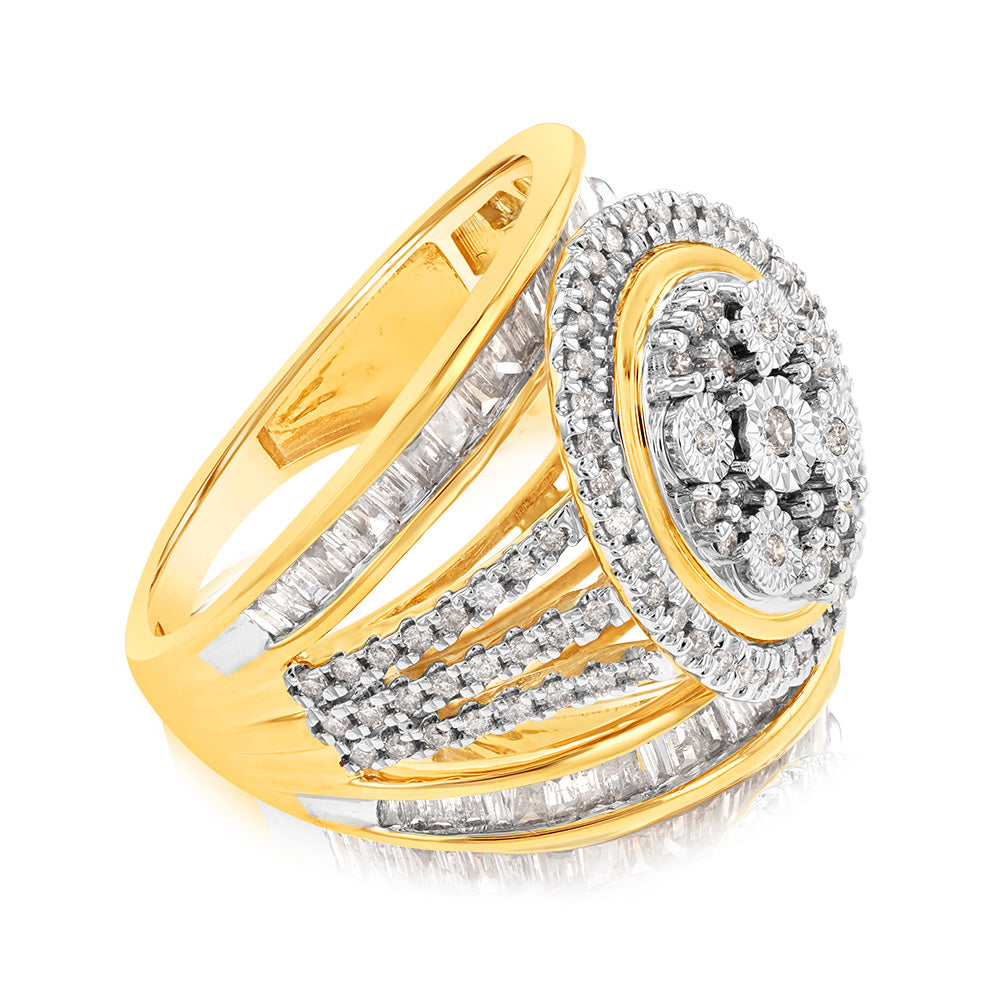 9 Carat Yellow Gold Oval Cushion Shape Cluster 1 Carat Diamond Dress Ring for Special Occasions