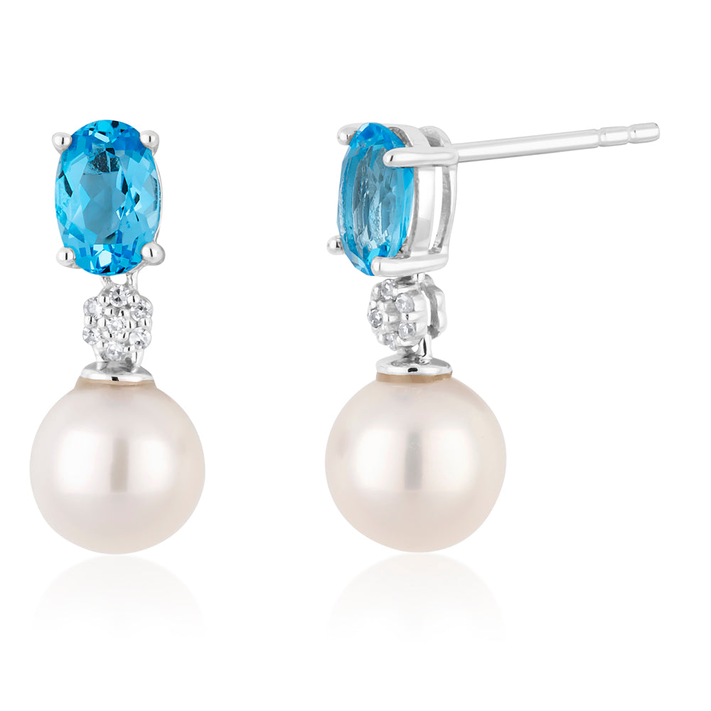 Stunning 9ct White Gold Earrings with Pearls, Blue Topaz and Diamonds