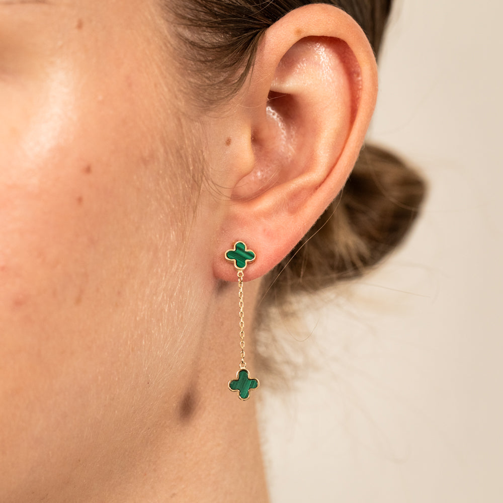 Stylish 9ct Yellow Gold Malachite Clover - Shaped Petal Drop Earrings