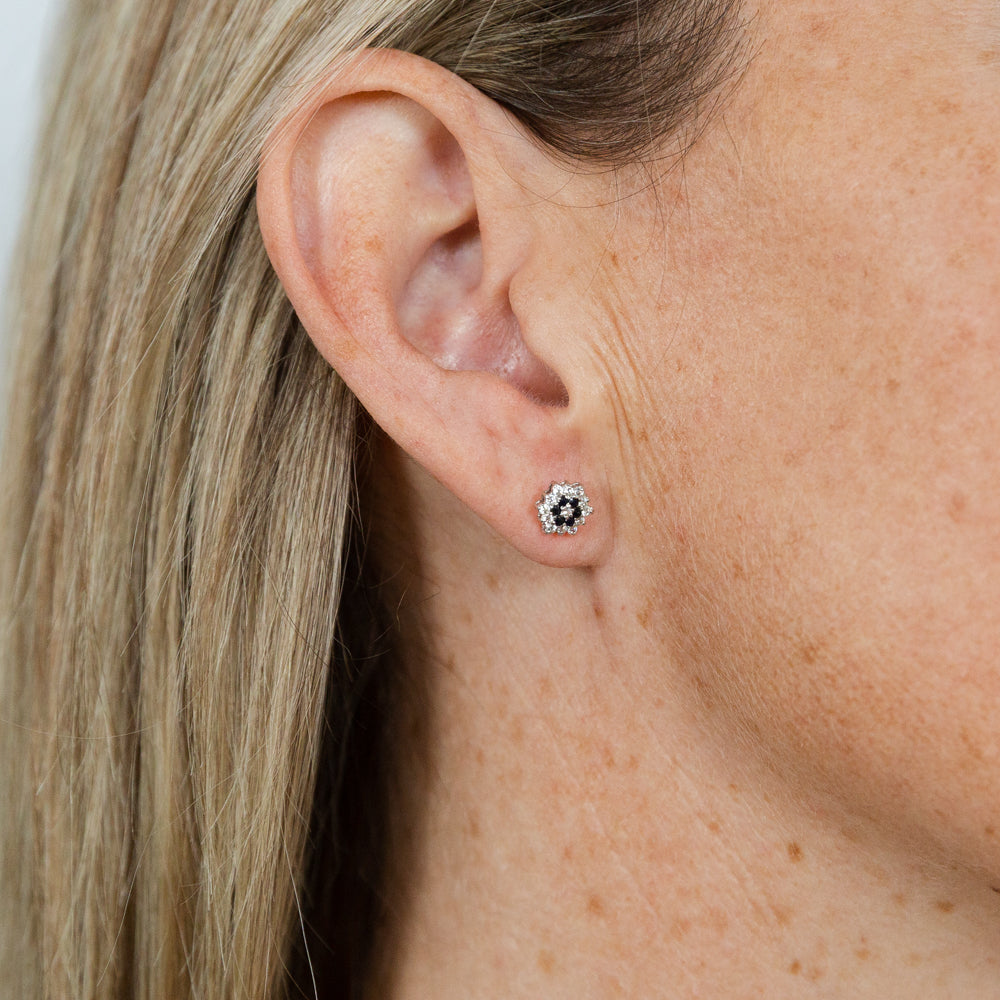 Exquisite 9ct White Gold Studs with Natural Sapphire and Zirconia in Flower Design