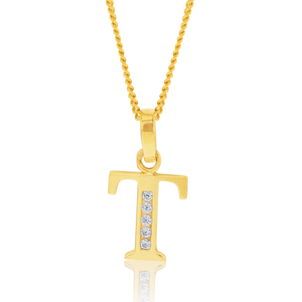 9 Carat Yellow Gold Initial T Zirconia Fashion Pendant for Personalized Jewelry