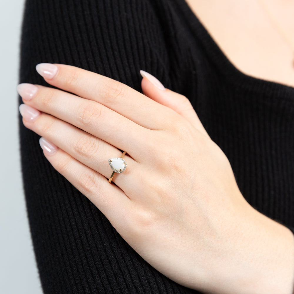 9-carat Yellow Gold Pear-shaped Ring Featuring Natural White Solid Opal and Diamonds