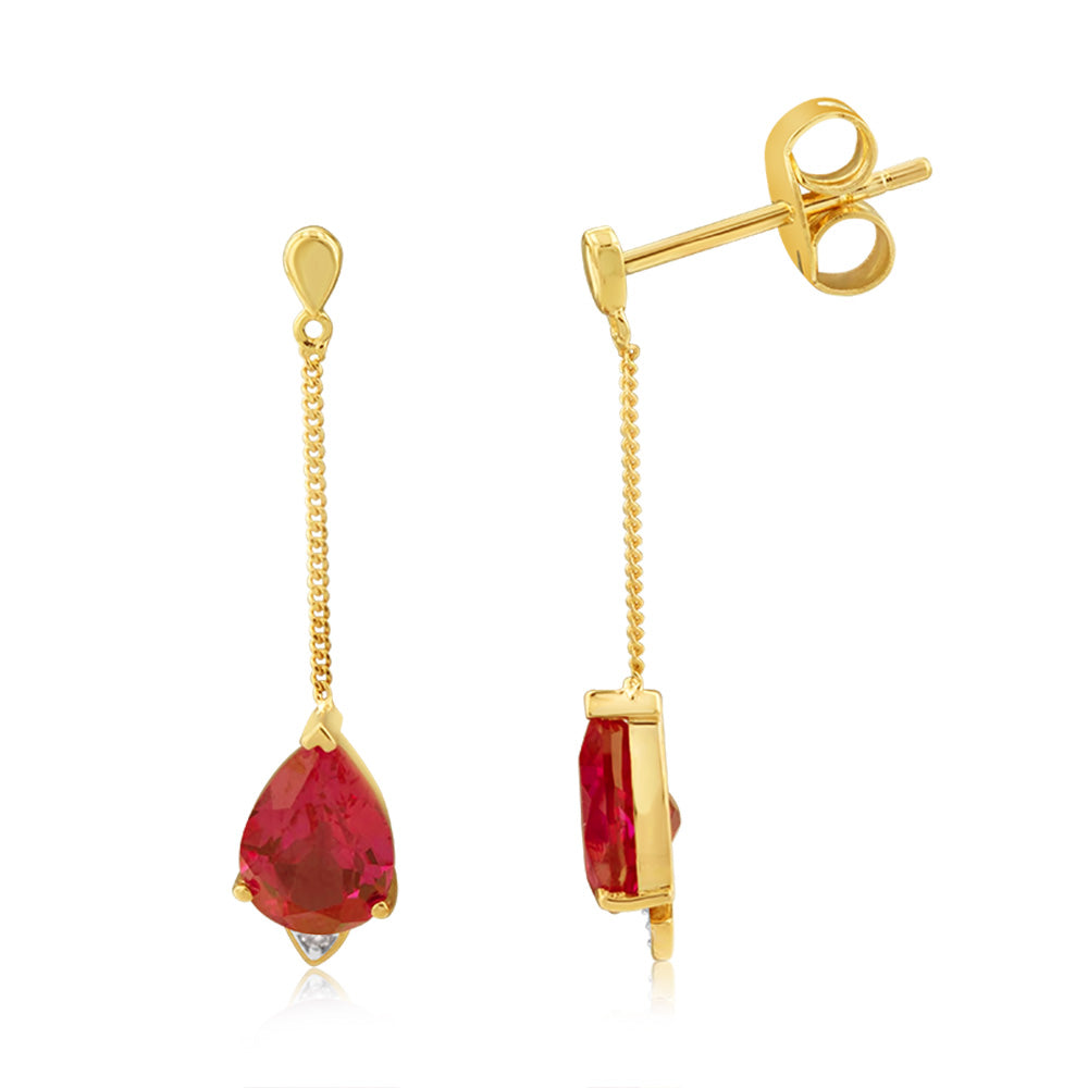 Stunning 9ct Yellow and White Gold Ruby and Diamond Drop Style Earrings for Women