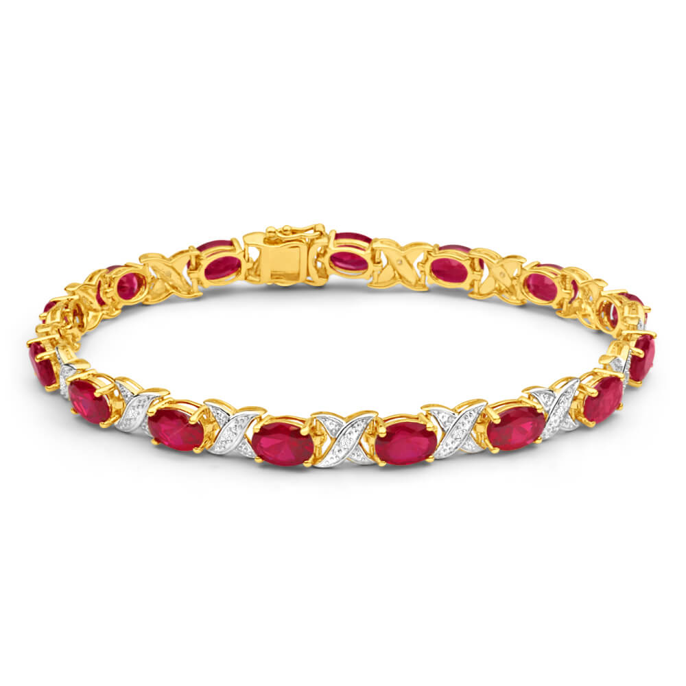 19cm Handmade 9ct Yellow Gold Bracelet Featuring Created Rubies and Diamonds with Hugs & Kisses Design