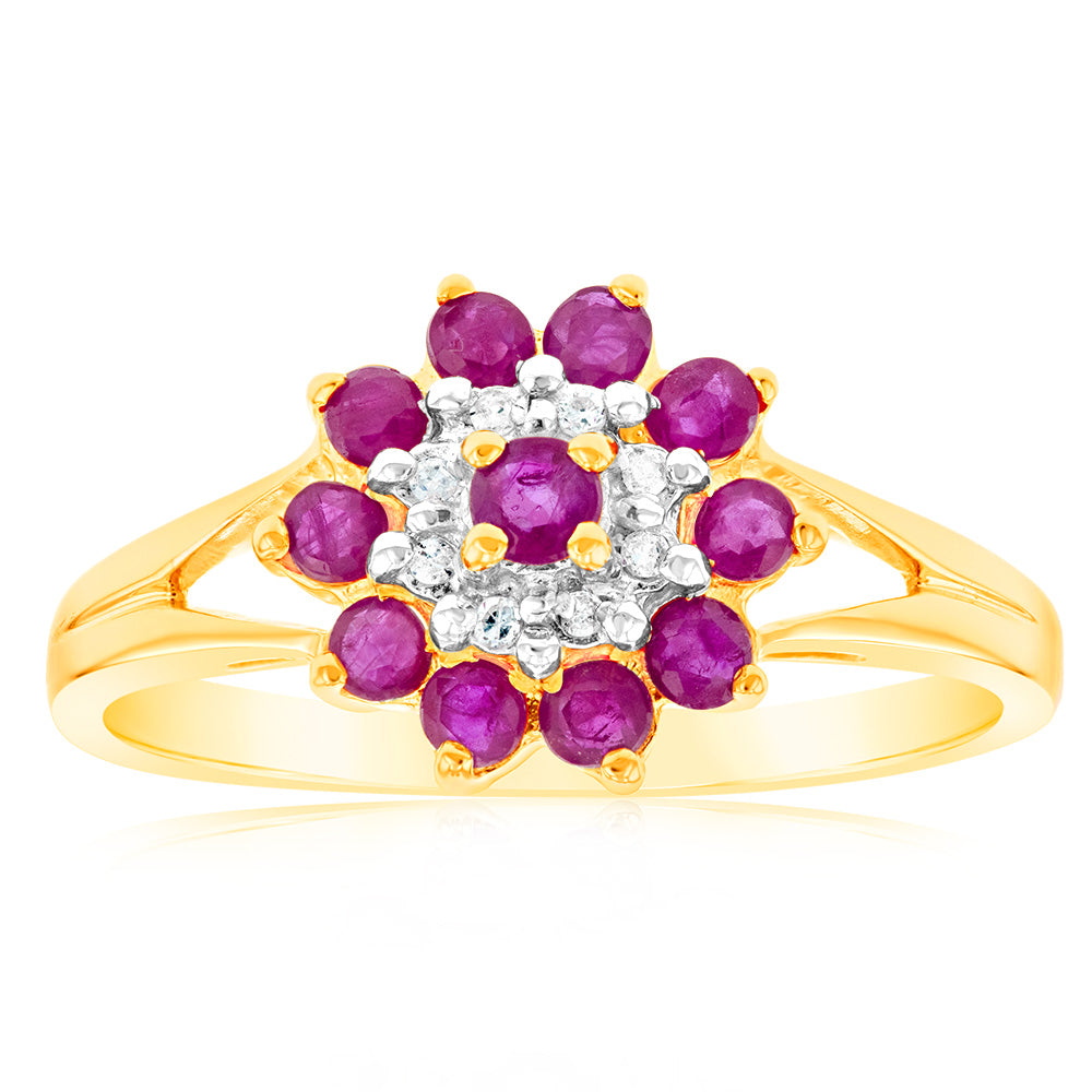 Exquisite 9ct Yellow Gold Ring with Natural Ruby and Diamond Cluster