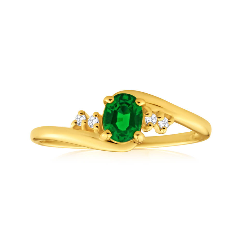 Exquisite 9ct Yellow Gold Ring with Created Emerald and Four Cubic Zirconias