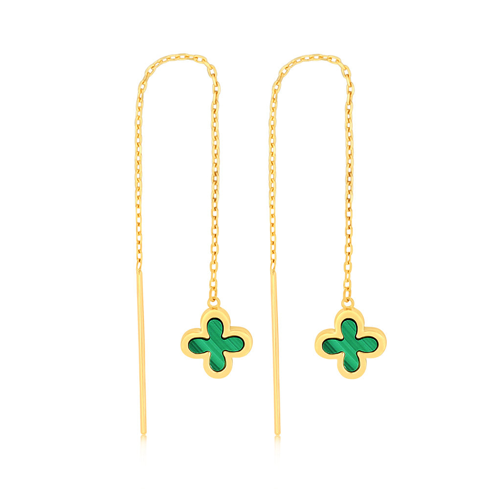 Exquisite 9 Carat Yellow Gold Malachite Clover Design Threader Drop Earrings - A Jewelry Piece