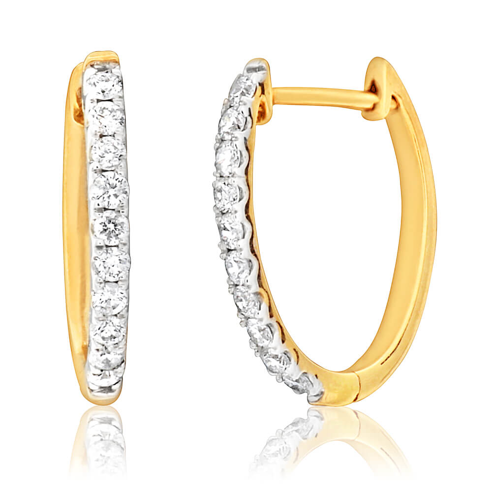 Stunning 10ct Yellow Gold Hoop Earrings Adorned with 25 Points of Diamonds