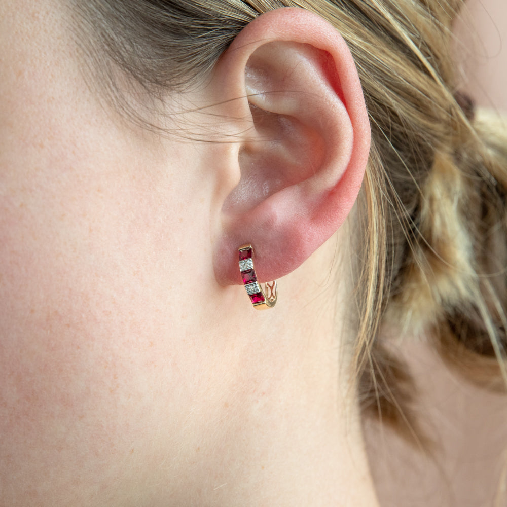 9ct Yellow Gold Hoop Earrings with Beautiful Created Rubies and 4 Diamonds