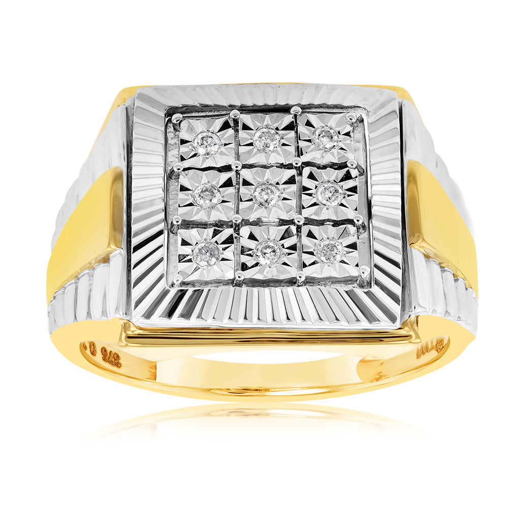 9ct Yellow Gold and Rhodium Gents Ring Set Featuring 9 Sparkling Diamonds