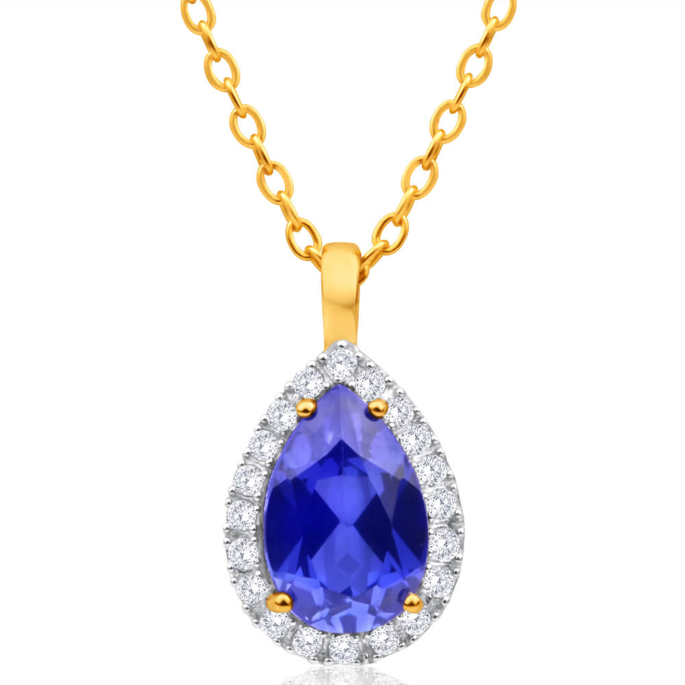 9ct Yellow Gold Pendant with Created Sapphires and Cubic Zirconias