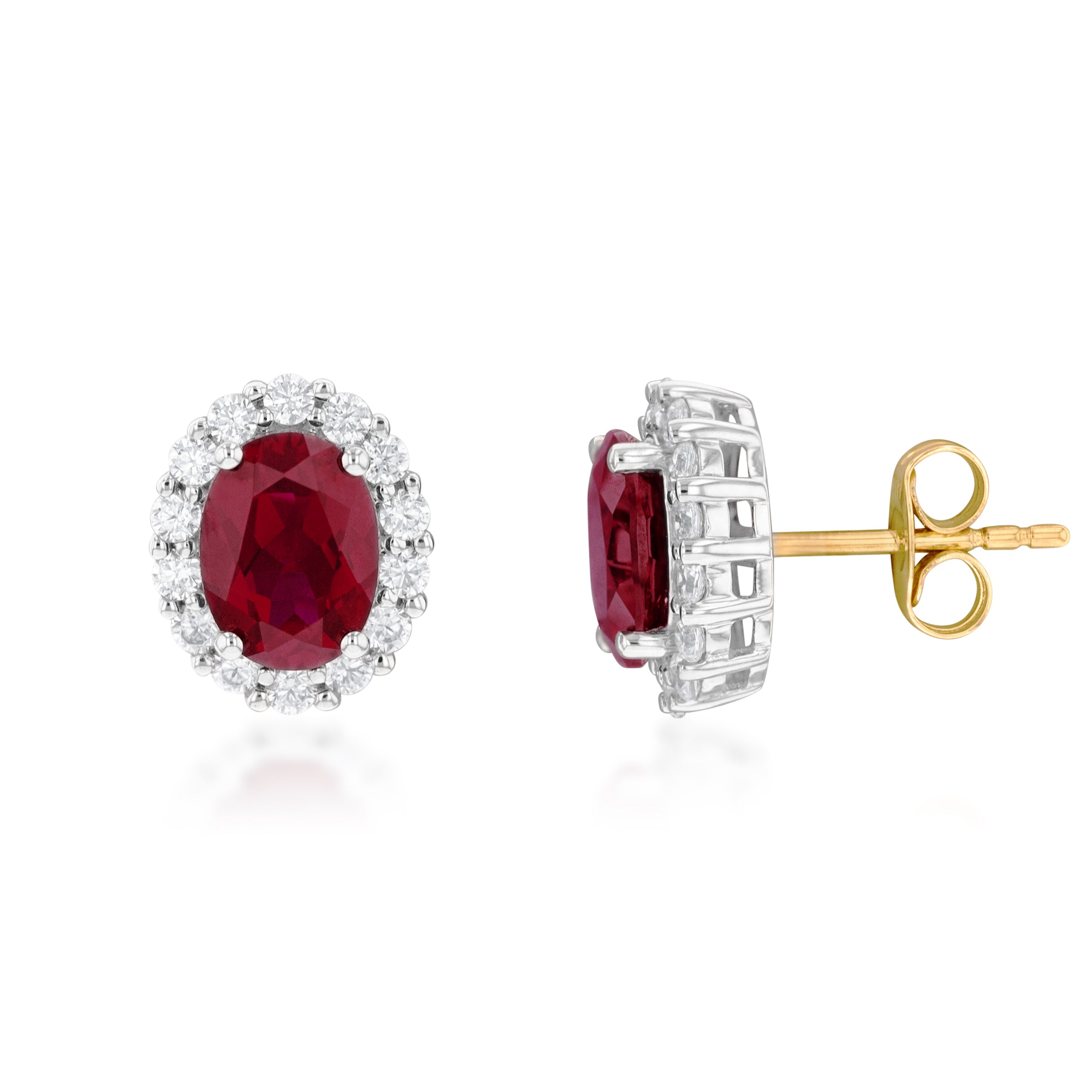 9ct Yellow Gold Oval Created Ruby Stud Earrings with Cubic Zirconia Halo