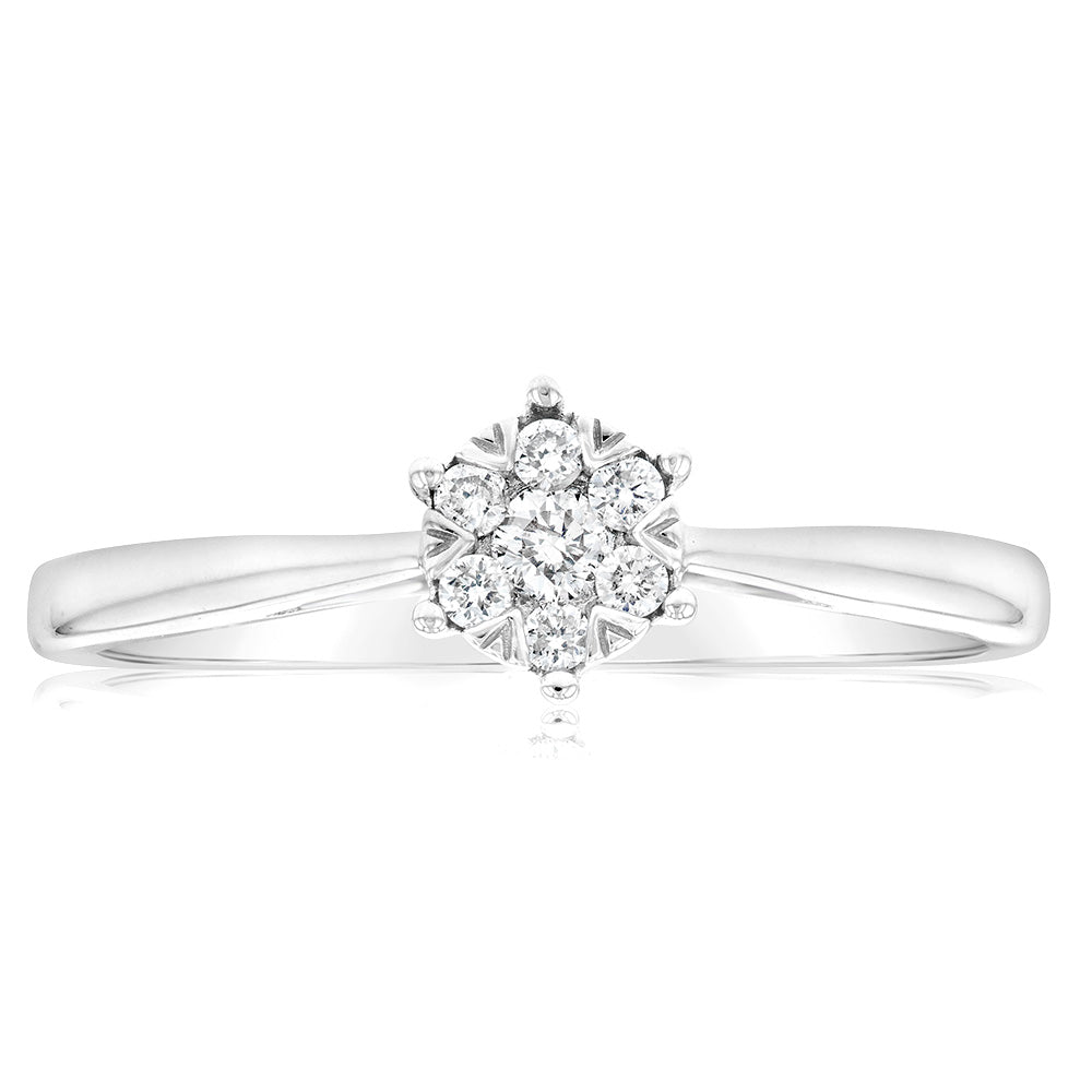 Stunning 9ct White Gold Cluster Engagement Ring Adorned with 7 Brilliant Diamonds
