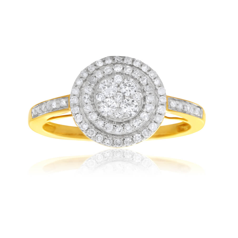 Half-Carat Halo Diamond Engagement Ring Crafted from 9-Carat Yellow Gold