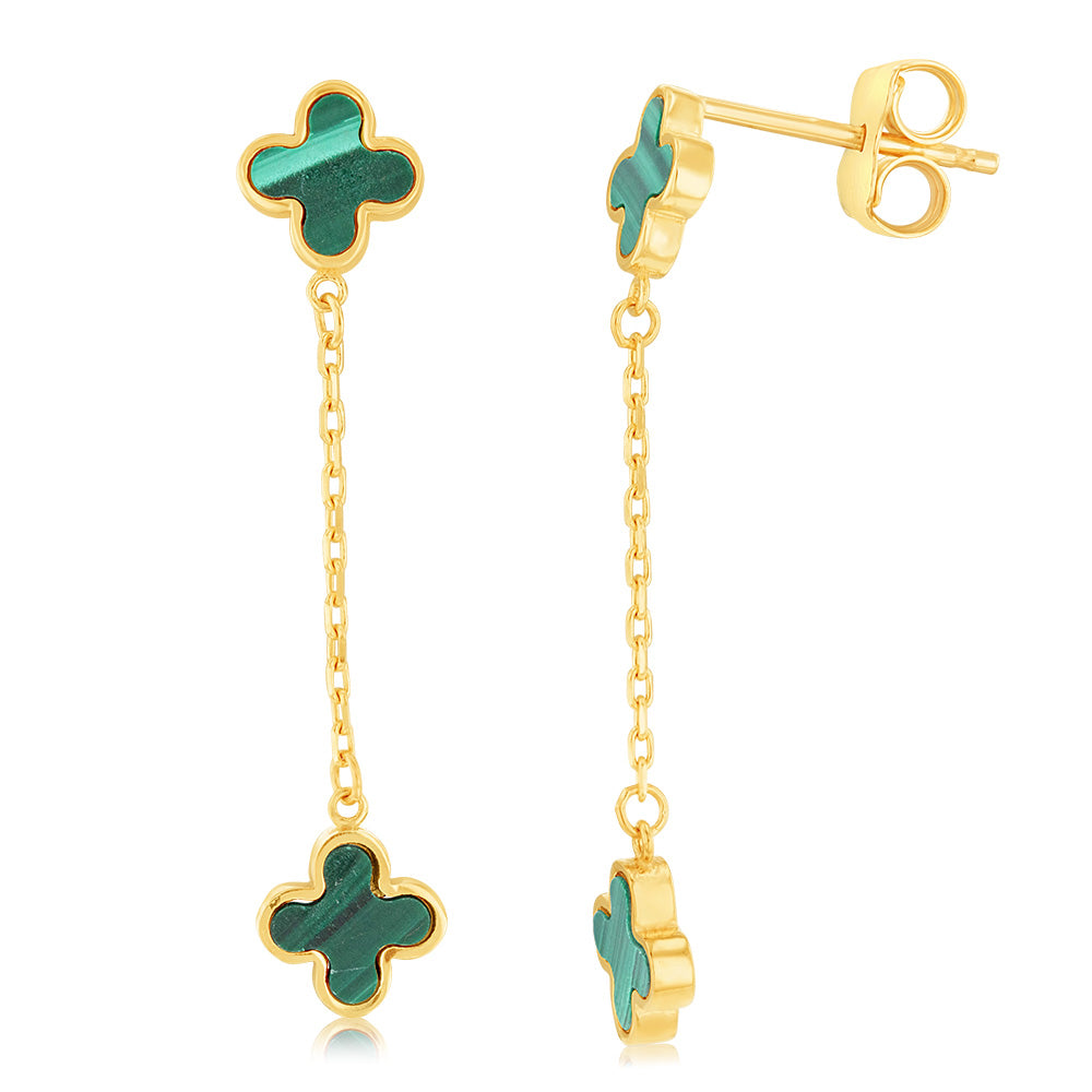 Stylish 9ct Yellow Gold Malachite Clover - Shaped Petal Drop Earrings