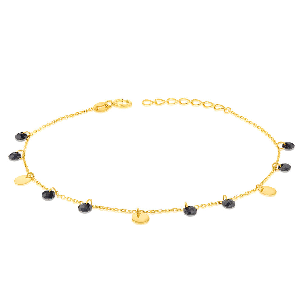 17.8cm 9ct Yellow Gold Bracelet with Black Zirconia and Gold Disc Charms