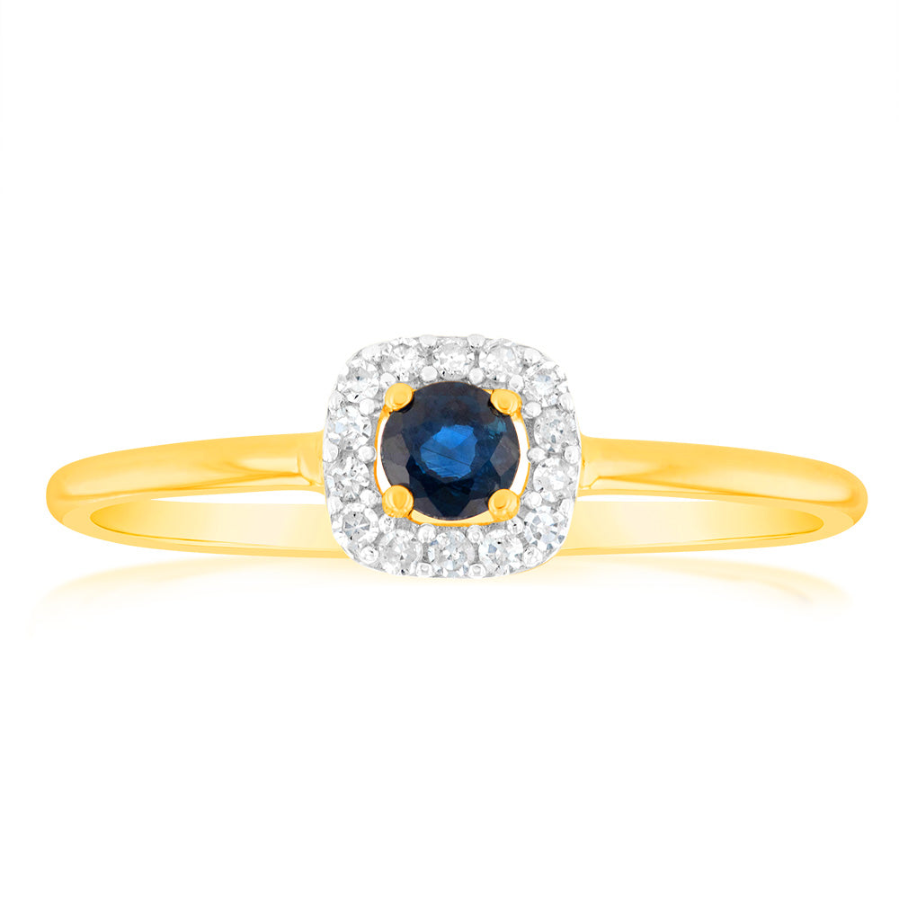 Exquisite 9ct Yellow Gold 3.0mm Sapphire Ring Embellished with 14 Diamonds