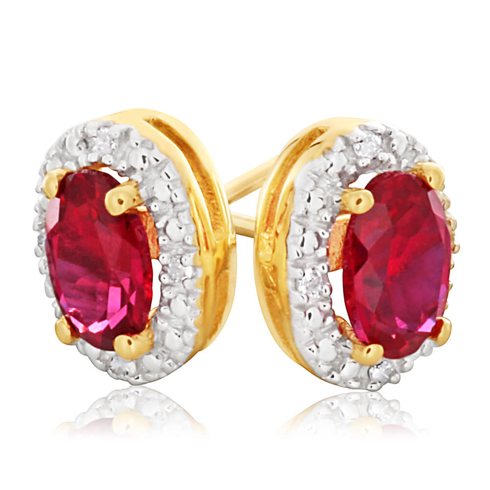 9 Carat Yellow Gold Crafted Ruby and Diamond Stud Earrings - Ideal Jewelry for Special Occasions