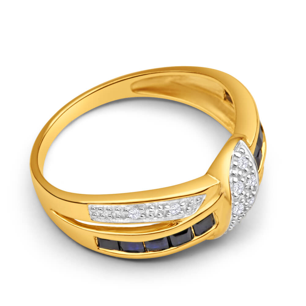 Exquisite 9ct Yellow Gold Crossover Ring with Natural Sapphires and Diamonds