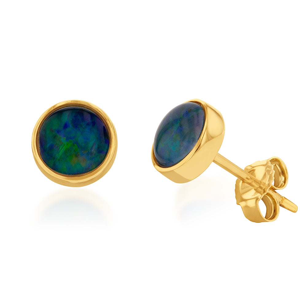 6mm 9ct Yellow Gold Bezel Stud Earrings with Triplet Australian Opal
