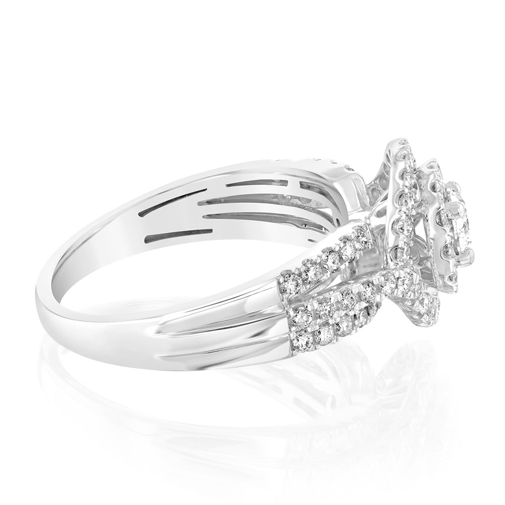 14ct White Gold Ring with 1 Carat Brilliant Cut Diamond and Double Diamond Halo