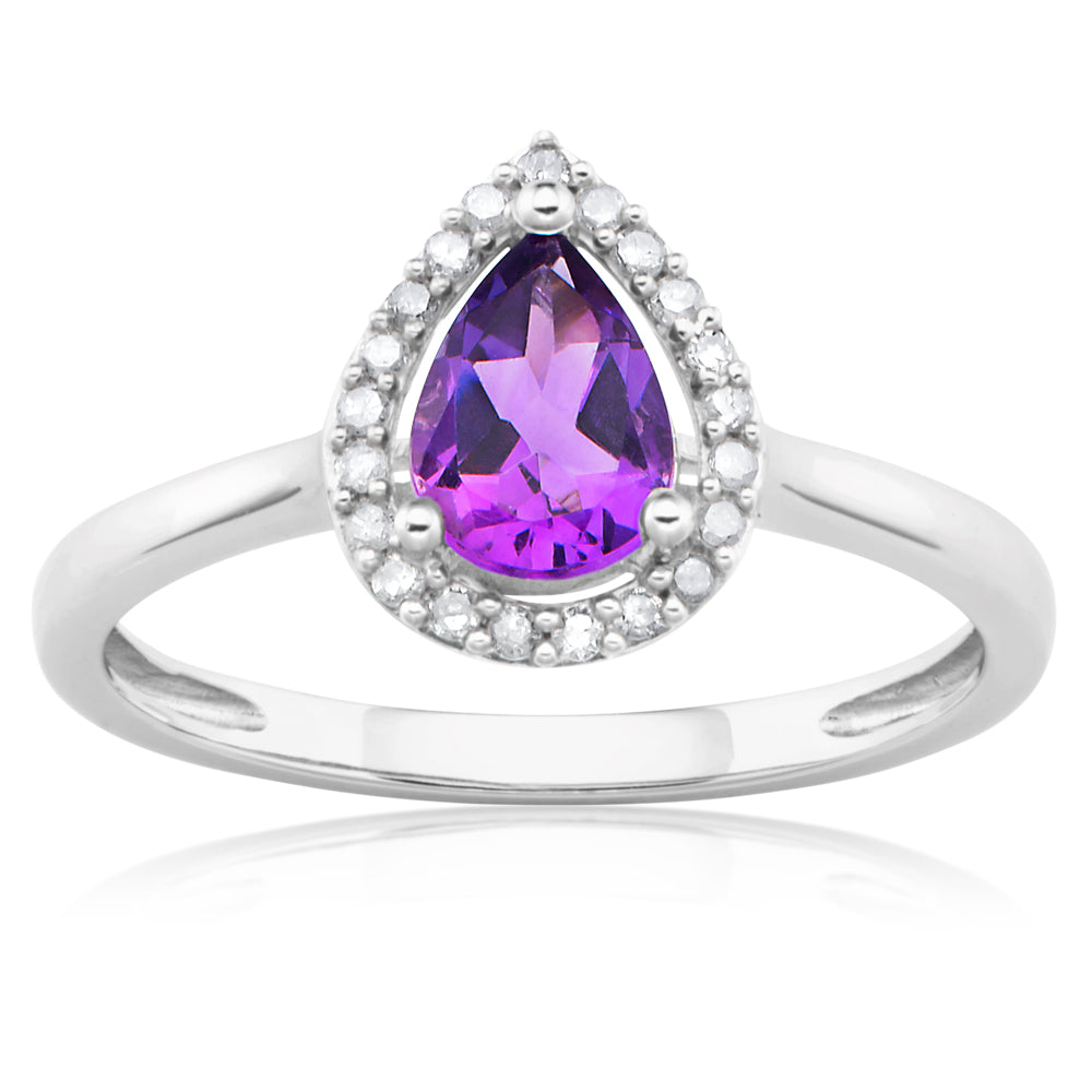 9ct White Gold Pear - Shaped Amethyst and Diamond Engagement Ring