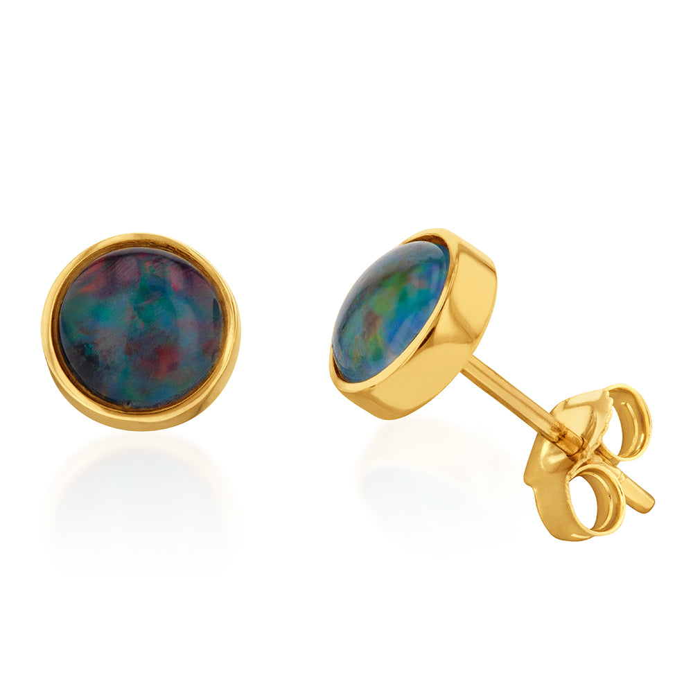 6mm 9ct Yellow Gold Bezel Stud Earrings with Triplet Australian Opal