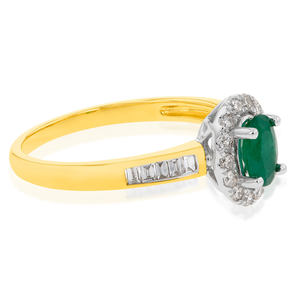 Stunning 9ct Yellow Gold Oval Halo Ring Featuring Natural Emeralds and Diamonds